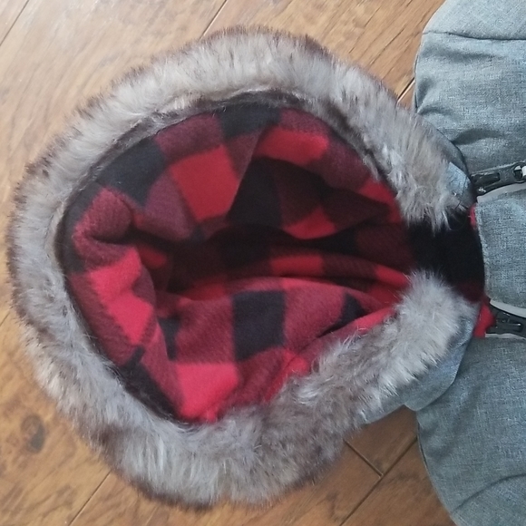 Canadiana snowsuit 3-6m. Grey w red and black plaid hood. - Picture 2 of 4